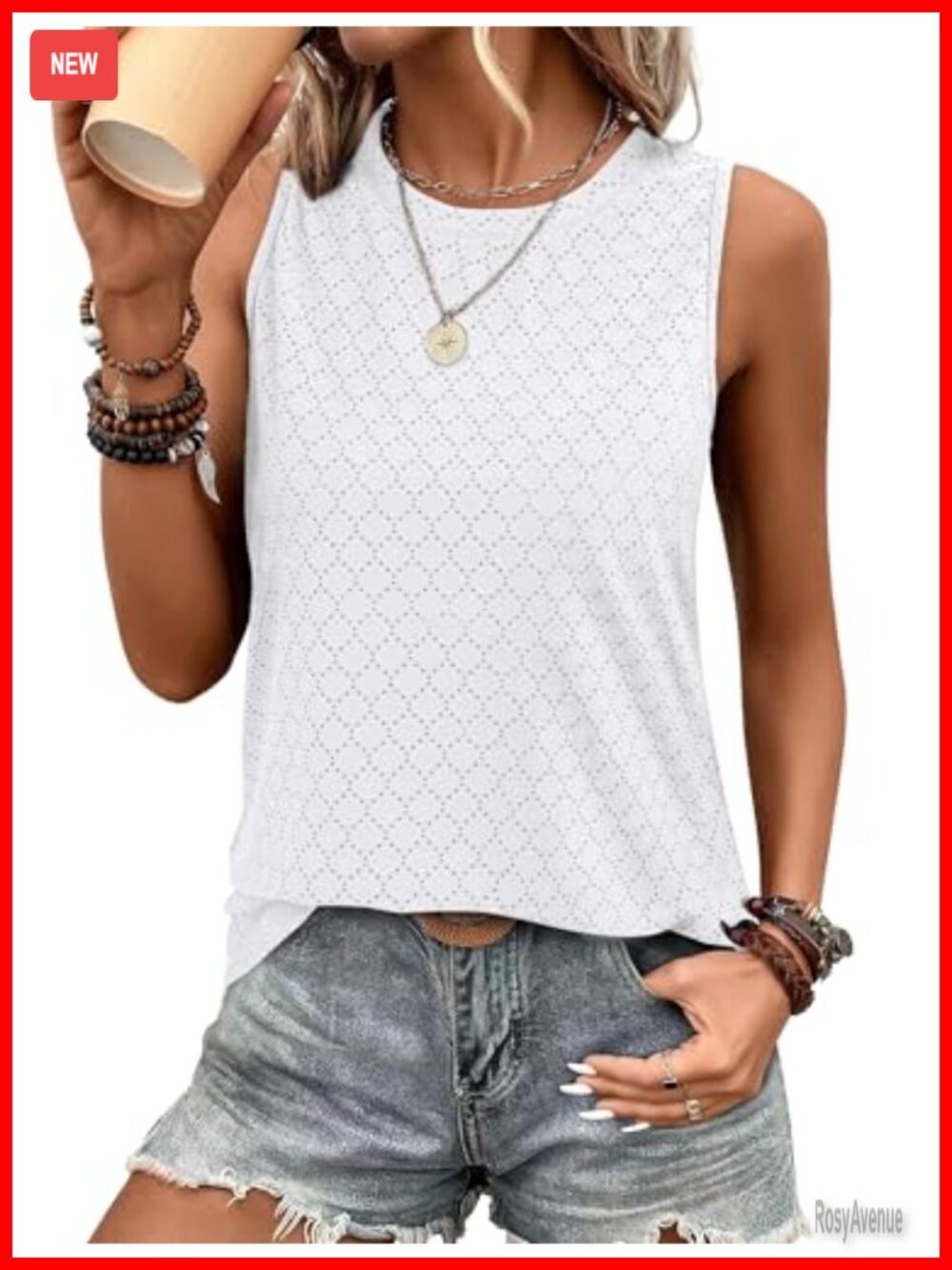 Sampeel Eyelet Tank Top Loose Fit Sleeveless Crew Neck Casual Summer Top